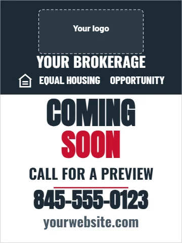 Aluminum sign template, coming soon, brokerage column, reading "COMING", "SOON" and "845-555-0123", in navy and white, with a space for your logo