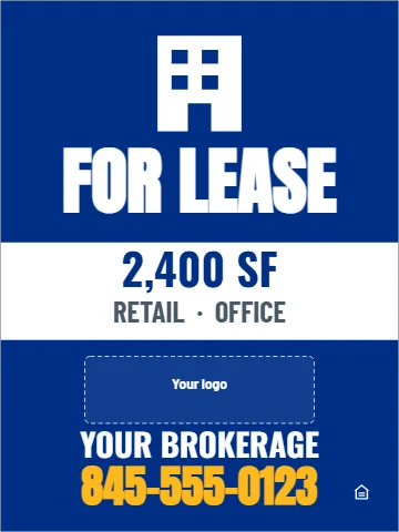 Aluminum sign template, commercial space for lease, reading "FOR LEASE", "2,400 SF" and "845-555-0123", in white and blue, with a space for your logo