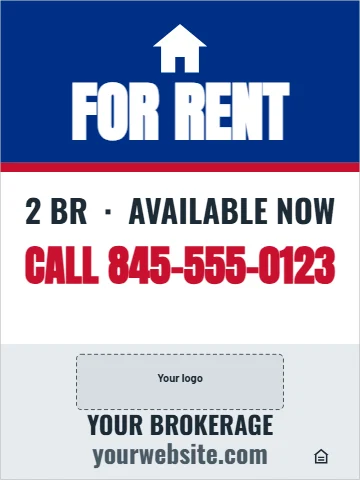 Aluminum sign template, for rent, reading "FOR RENT", "2 BR · AVAILABLE NOW" and "CALL 845-555-0123", in blue and white, with a space for your logo