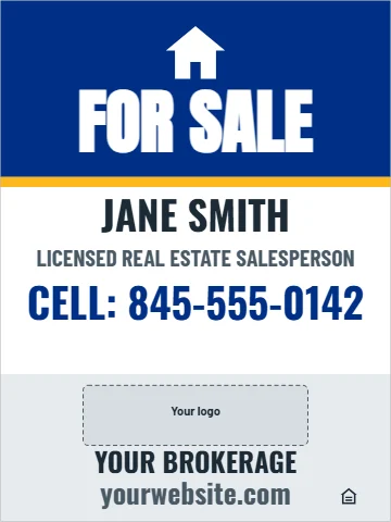 Aluminum sign template, for sale, agent panel, reading "FOR SALE", "JANE SMITH" and "CELL: 845-555-0142", in blue and white, with a space for your logo