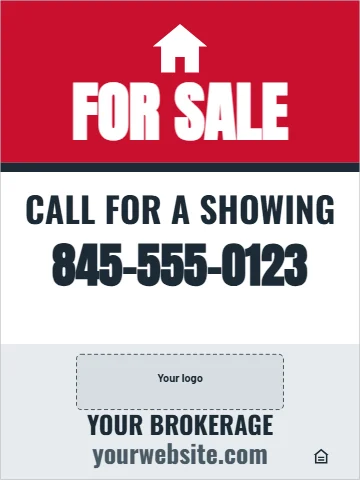 Aluminum sign template, for sale, red band, reading "FOR SALE", "CALL FOR A SHOWING" and "845-555-0123", in red and white, with a space for your logo