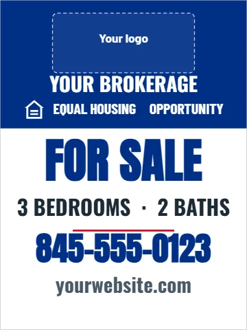 Aluminum sign template, for sale, brokerage column, reading "YOUR BROKERAGE", "FOR SALE" and "845-555-0123", in blue and white, with a space for your logo
