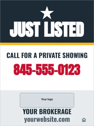 Aluminum sign template, just listed, reading "JUST LISTED", "845-555-0123" and "yourwebsite.com", in navy and white, with a space for your logo