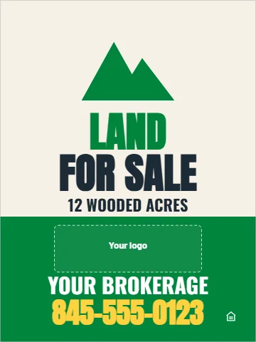 Aluminum sign template, land for sale, reading "LAND", "FOR SALE" and "845-555-0123", in green and cream, with a space for your logo