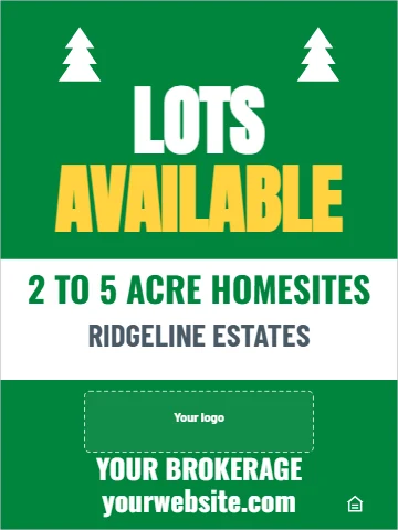 Aluminum sign template, lots available, reading "LOTS", "AVAILABLE" and "RIDGELINE ESTATES", in green and white, with a space for your logo