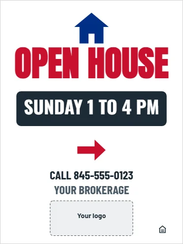 Aluminum sign template, open house, reading "OPEN HOUSE", "SUNDAY 1 TO 4 PM" and "CALL 845-555-0123", in white, with a space for your logo