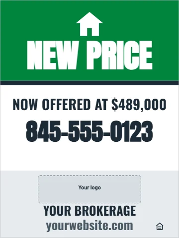 Aluminum sign template, new price, reading "NEW PRICE", "845-555-0123" and "yourwebsite.com", in green and white, with a space for your logo