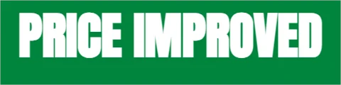 Aluminum sign template, rider: price improved, reading "PRICE IMPROVED", in green