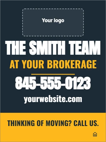Aluminum sign template, team sign, reading "THE SMITH TEAM", "AT YOUR BROKERAGE" and "845-555-0123", in gold and navy, with a space for your logo
