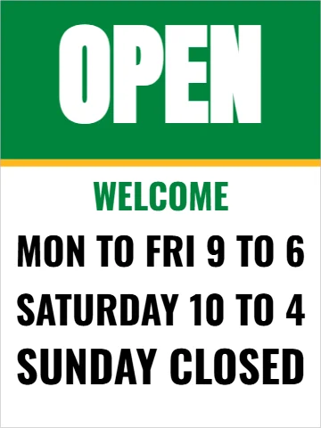 Aluminum sign template, open, with the hours, reading "OPEN", "WELCOME" and "SUNDAY CLOSED", in green and white