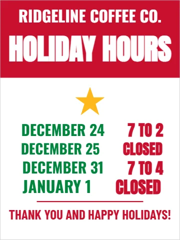 Aluminum sign template, holiday hours, reading "HOLIDAY HOURS", "JANUARY 1" and "CLOSED", in red and white