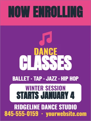 Aluminum sign template, dance studio, now enrolling, reading "NOW ENROLLING", "DANCE" and "CLASSES", in pink and purple
