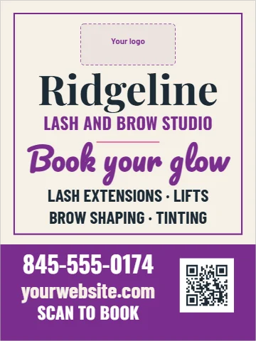Aluminum sign template, lash and brow studio, reading "Ridgeline", "Book your glow" and "845-555-0174", in purple and cream, with a space for your logo and a QR code