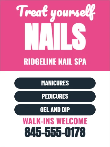 Aluminum sign template, nail salon, reading "Treat yourself", "NAILS" and "845-555-0178", in pink and white