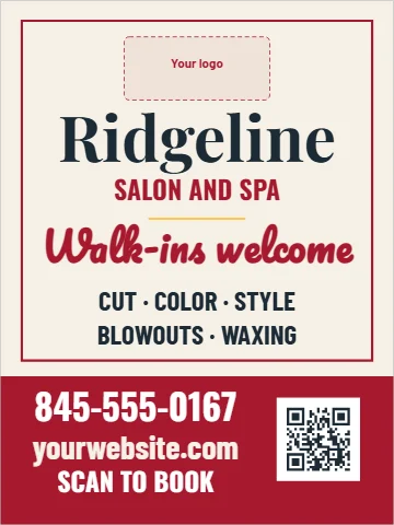 Aluminum sign template, salon, walk-ins welcome, reading "Ridgeline", "Walk-ins welcome" and "845-555-0167", in maroon and cream, with a space for your logo and a QR code