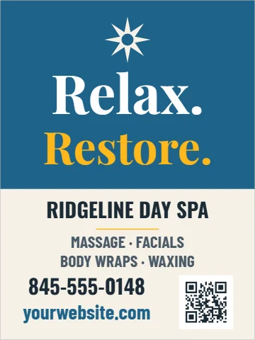 Aluminum sign template, day spa, relax and restore, reading "Relax.", "Restore." and "RIDGELINE DAY SPA", in steel blue and cream, with a QR code