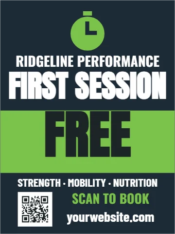 Aluminum sign template, personal training, first session, reading "FIRST SESSION", "FREE" and "SCAN TO BOOK", in lime and navy, with a QR code