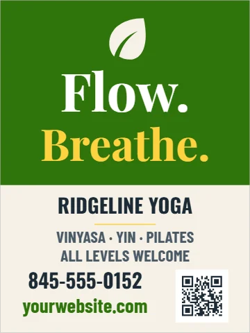 Aluminum sign template, yoga studio, all levels, reading "Flow.", "Breathe." and "RIDGELINE YOGA", in green and cream, with a QR code