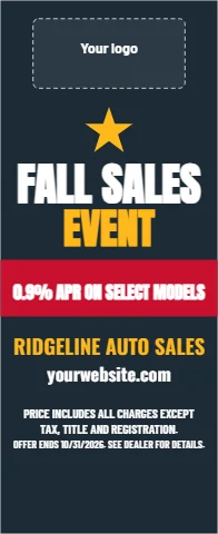 Banner stand template, dealership sales event, reading "FALL SALES", "EVENT" and "yourwebsite.com", in navy, with a space for your logo