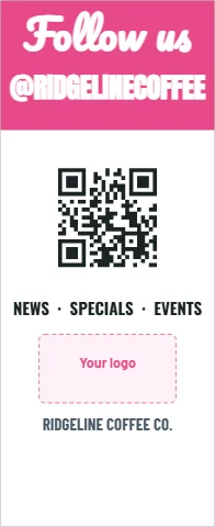 Banner stand template, follow us, reading "Follow us", "@RIDGELINECOFFEE" and "RIDGELINE COFFEE CO.", in pink and white, with a space for your logo and a QR code