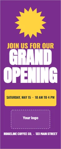 Banner stand template, grand opening, festive, reading "JOIN US FOR OUR", "GRAND" and "OPENING", in purple, with a space for your logo