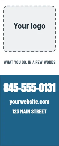 Banner stand template, logo, phone and website, reading "845-555-0131", "yourwebsite.com" and "123 MAIN STREET", in steel blue and white, with a space for your logo