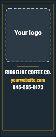 Banner stand template, logo panel, framed, reading "RIDGELINE COFFEE CO.", "yourwebsite.com" and "845-555-0123", in navy, with a space for your logo
