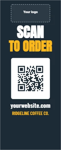 Banner stand template, scan to order, reading "SCAN", "TO ORDER" and "yourwebsite.com", in white and navy, with a space for your logo and a QR code