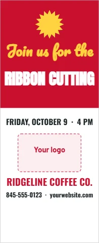 Banner stand template, ribbon cutting, reading "Join us for the", "RIBBON CUTTING" and "RIDGELINE COFFEE CO.", in red and white, with a space for your logo