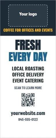 Banner stand template, trade show stand, reading "FRESH", "EVERY DAY" and "yourwebsite.com", in navy and white, with a space for your logo and a QR code