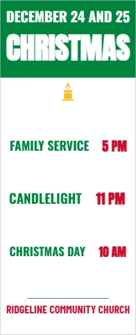Banner stand template, christmas service times, reading "DECEMBER 24 AND 25", "CHRISTMAS" and "CANDLELIGHT", in green and white