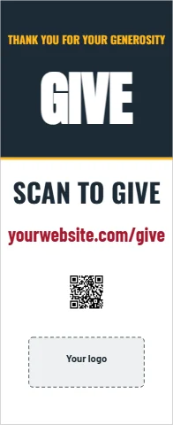 Banner stand template, scan to give, reading "GIVE", "SCAN TO GIVE" and "yourwebsite.com/give", in navy and white, with a space for your logo and a QR code