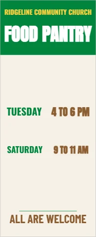 Banner stand template, food pantry hours, reading "FOOD PANTRY", "TUESDAY" and "ALL ARE WELCOME", in green and cream