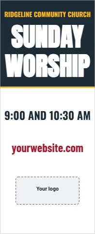 Banner stand template, service times, reading "SUNDAY", "WORSHIP" and "yourwebsite.com", in navy and white, with a space for your logo