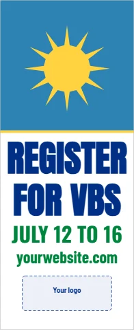 Banner stand template, register for VBS, reading "REGISTER", "FOR VBS" and "JULY 12 TO 16", in blue and white, with a space for your logo