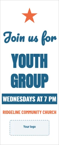 Banner stand template, youth group, reading "Join us for", "YOUTH" and "GROUP", in white, with a space for your logo