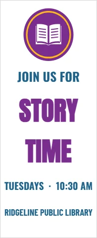 Banner stand template, story time, reading "JOIN US FOR", "STORY" and "TIME", in white