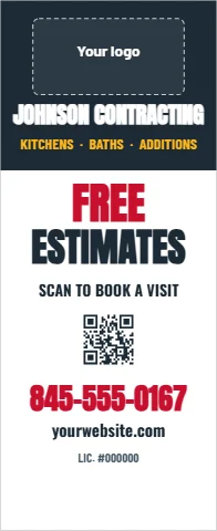 Banner stand template, home show stand, reading "FREE", "ESTIMATES" and "845-555-0167", in navy and white, with a space for your logo and a QR code