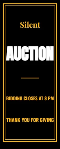 Banner stand template, silent auction, reading "Silent", "AUCTION" and "THANK YOU FOR GIVING", in black