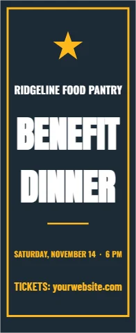 Banner stand template, benefit dinner, reading "RIDGELINE FOOD PANTRY", "BENEFIT" and "DINNER", in navy
