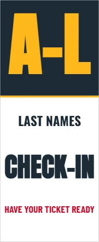 Banner stand template, check-in by last name, reading "A-L", "LAST NAMES" and "CHECK-IN", in navy and white