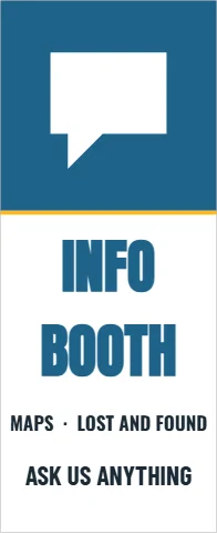 Banner stand template, information booth, reading "INFO", "BOOTH" and "ASK US ANYTHING", in steel blue and white
