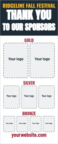 Banner stand template, thank you to our sponsors, reading "THANK YOU", "TO OUR SPONSORS" and "yourwebsite.com", in navy and white, with a space for your logo