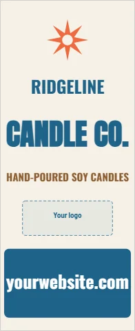 Banner stand template, vendor booth banner, reading "RIDGELINE", "CANDLE CO." and "yourwebsite.com", in steel blue and cream, with a space for your logo