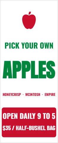 Banner stand template, u-pick apples, reading "PICK YOUR OWN", "APPLES" and "OPEN DAILY 9 TO 5", in red and white