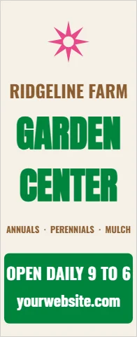 Banner stand template, garden center, reading "RIDGELINE FARM", "GARDEN" and "CENTER", in green and cream