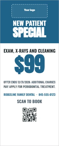Banner stand template, new patient special, reading "NEW PATIENT", "SPECIAL" and "$99", in steel blue and white, with a space for your logo and a QR code