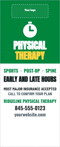 Banner stand template, physical therapy, reading "PHYSICAL", "THERAPY" and "845-555-0123", in green and white, with a space for your logo