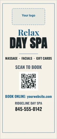 Banner stand template, day spa, reading "Relax", "DAY SPA" and "845-555-0142", in cream, with a space for your logo and a QR code