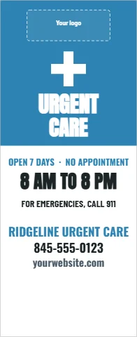 Banner stand template, urgent care hours, reading "URGENT", "CARE" and "8 AM TO 8 PM", in blue and white, with a space for your logo